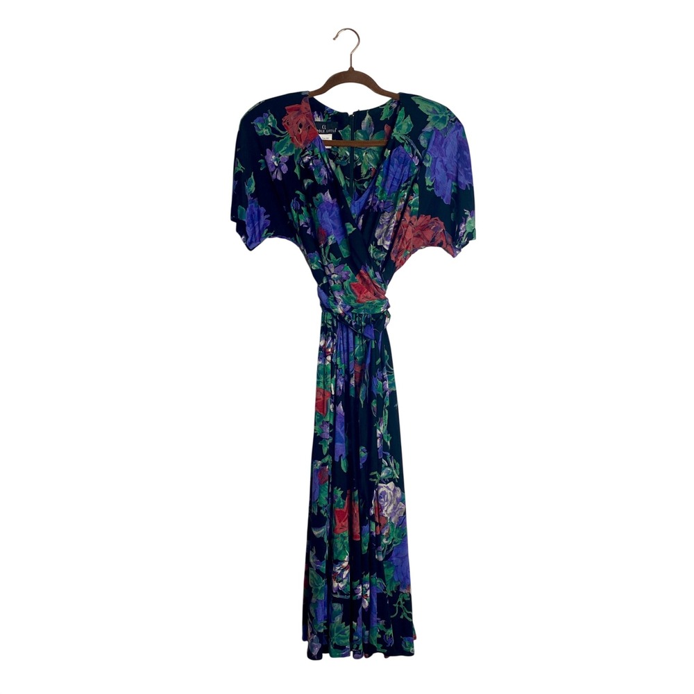 VTG Carole Little 80s 90s Floral Wrap Dress Midi Dark Floral Whimsigoth Cottage